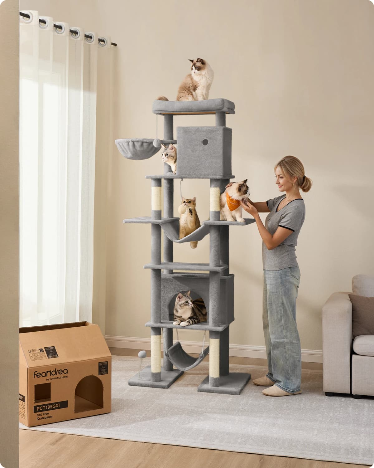 Feandrea 201 cm Tall Cat Tree, XXL Large Cat Tower for Indoor Cats, Multi-Level Cat Condo