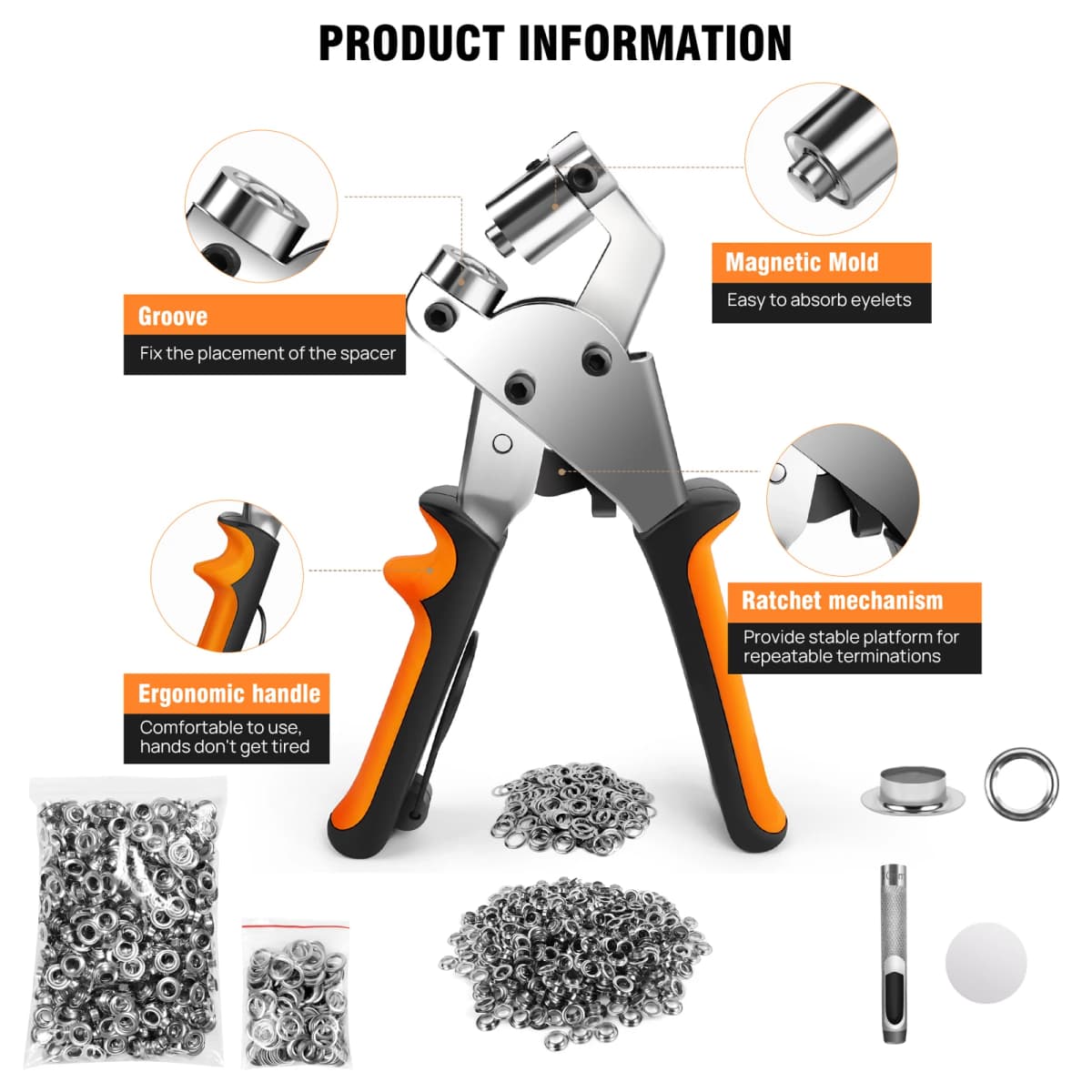 Eyelet Punch Kit,Handheld Eyelet Pliers Grommet Kit for Tarpaulin, Fabrics, PVC Banners,10mm With 500 Eyelets.