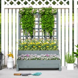 2-Tier Wooden Raised Flower Bed with Trellis and Drainage Holes, Gray