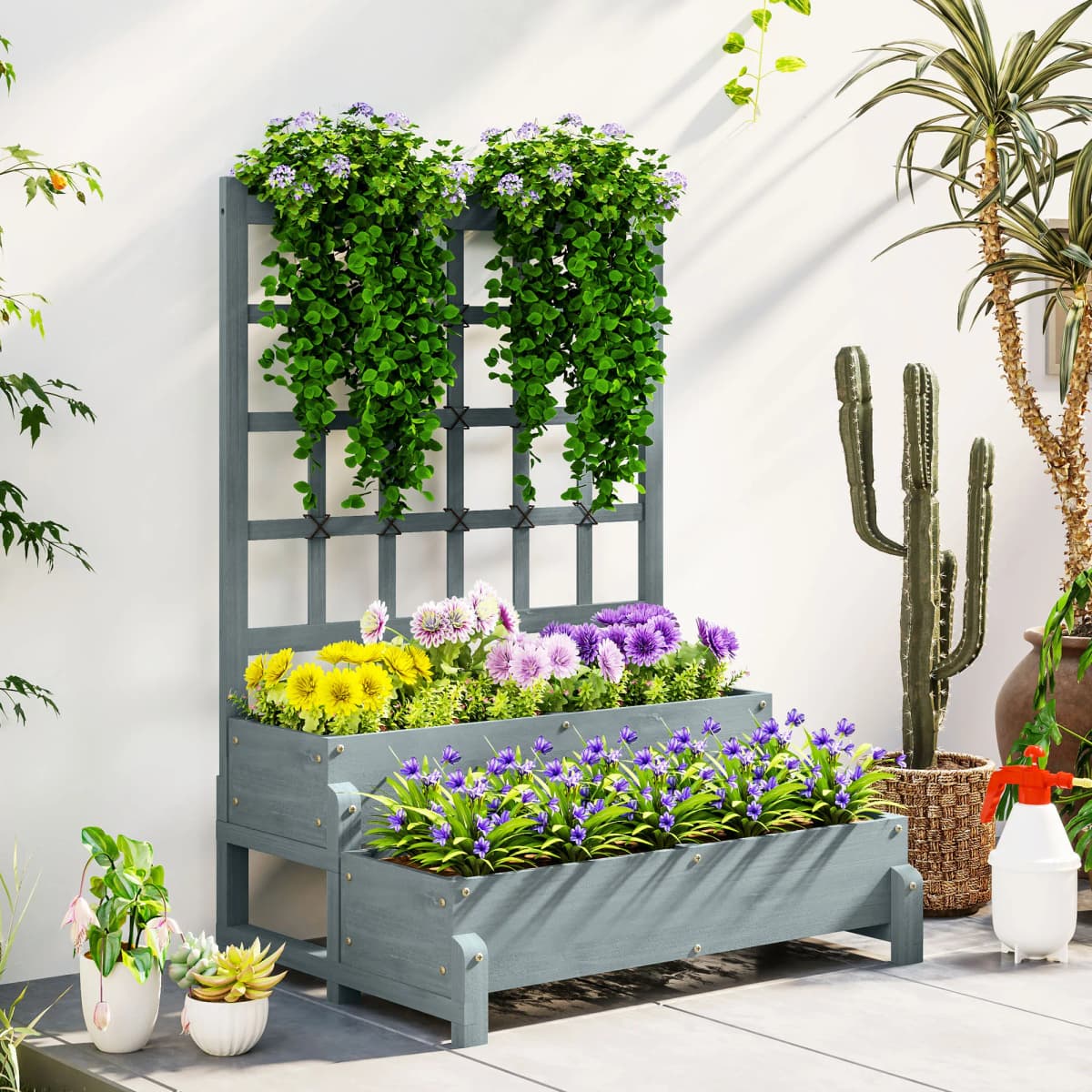 2-Tier Wooden Raised Flower Bed with Trellis and Drainage Holes, Gray
