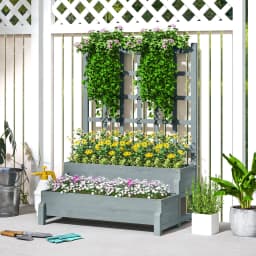 2-Tier Wooden Raised Flower Bed with Trellis and Drainage Holes, Gray