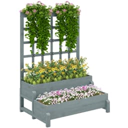 2-Tier Wooden Raised Flower Bed with Trellis and Drainage Holes, Gray