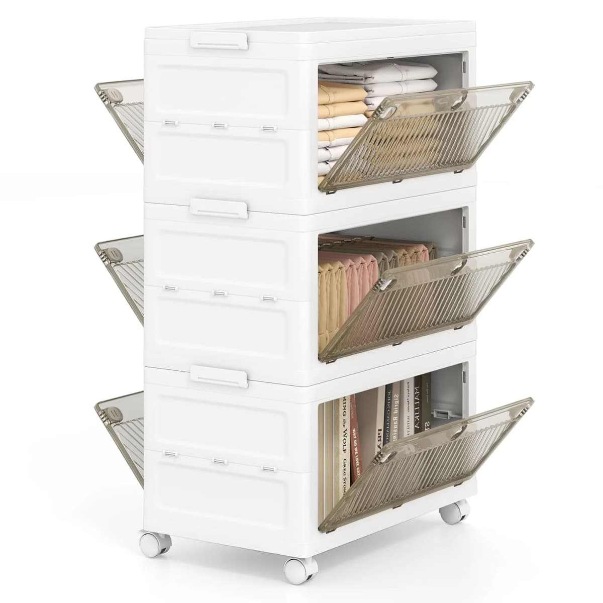 GOFLAME 3-Tier Stackable Storage Bins Bedroom Collapsible Storage Boxes-White