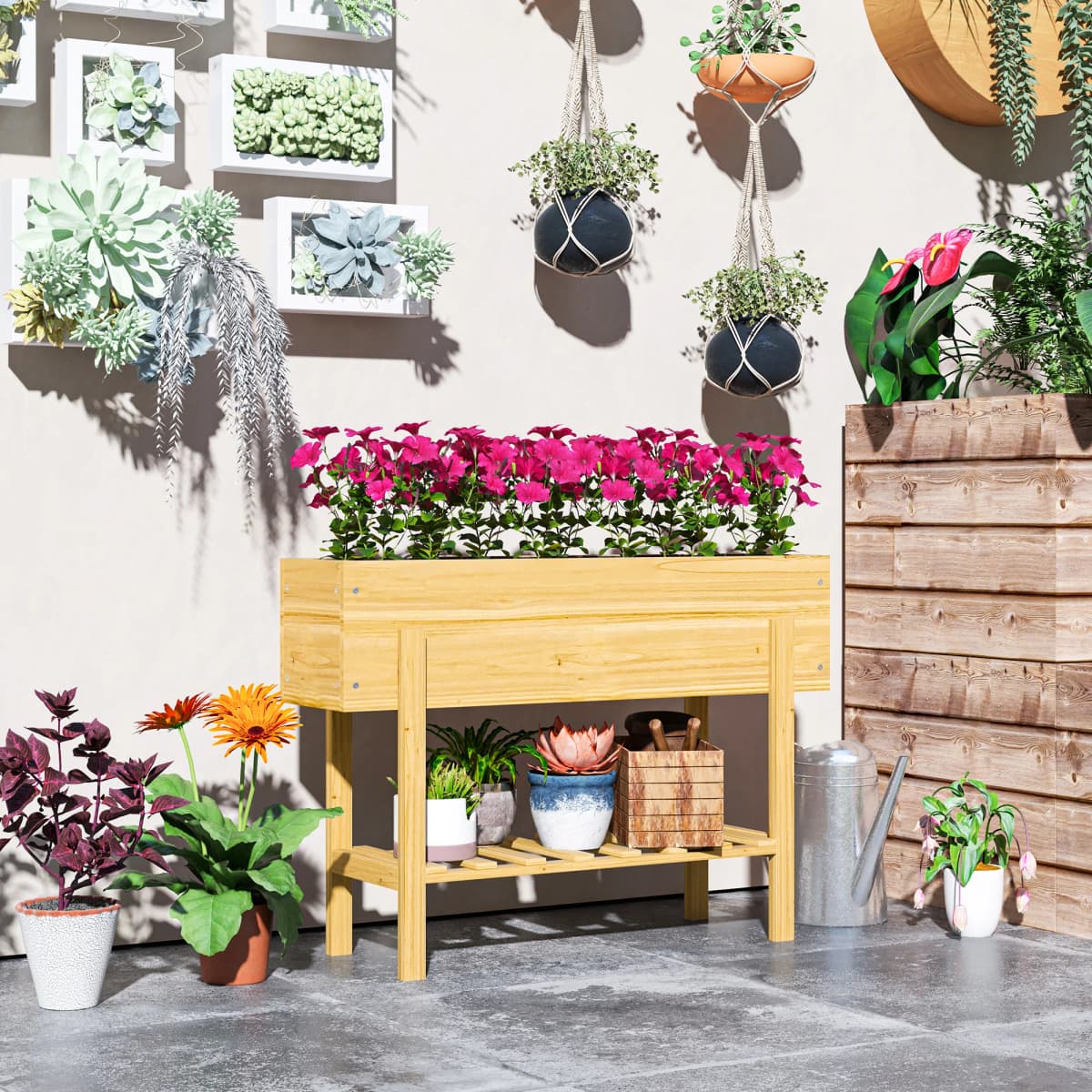 Wooden Raised Garden Bed with Bed Liner, Storage Shelf, Natural Wood Finish