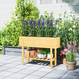 Wooden Raised Garden Bed with Bed Liner, Storage Shelf, Natural Wood Finish