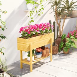 Wooden Raised Garden Bed with Bed Liner, Storage Shelf, Natural Wood Finish