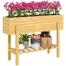 Wooden Raised Garden Bed with Bed Liner, Storage Shelf, Natural Wood Finish