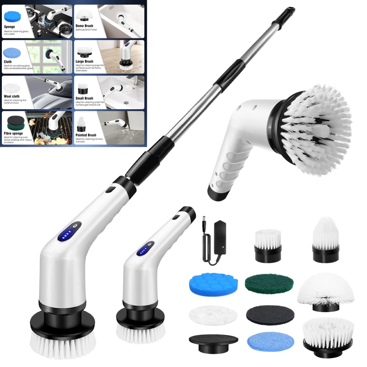 Cordless Electric Spin Scrubber,10-in-1 Multifunctional Spin Scrubber Kitchen Bathroom Cleaning Brush Rotary Cleaner
