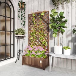 Garden Wooden Planter Box with Trellis Lattice Flower Raised Bed, Dark Brown