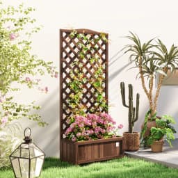 Garden Wooden Planter Box with Trellis Lattice Flower Raised Bed, Dark Brown