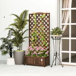 Garden Wooden Planter Box with Trellis Lattice Flower Raised Bed, Dark Brown