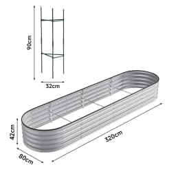 Silver Oval-Shaped Galvanized Steel Raised Garden Bed, 320cm W x 80cm D x 42cm H