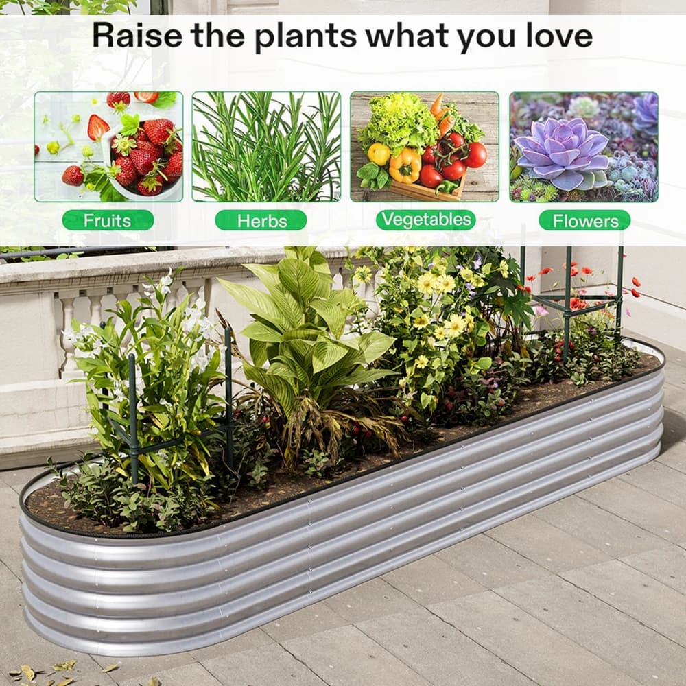 Silver Oval-Shaped Galvanized Steel Raised Garden Bed, 320cm W x 80cm D x 42cm H