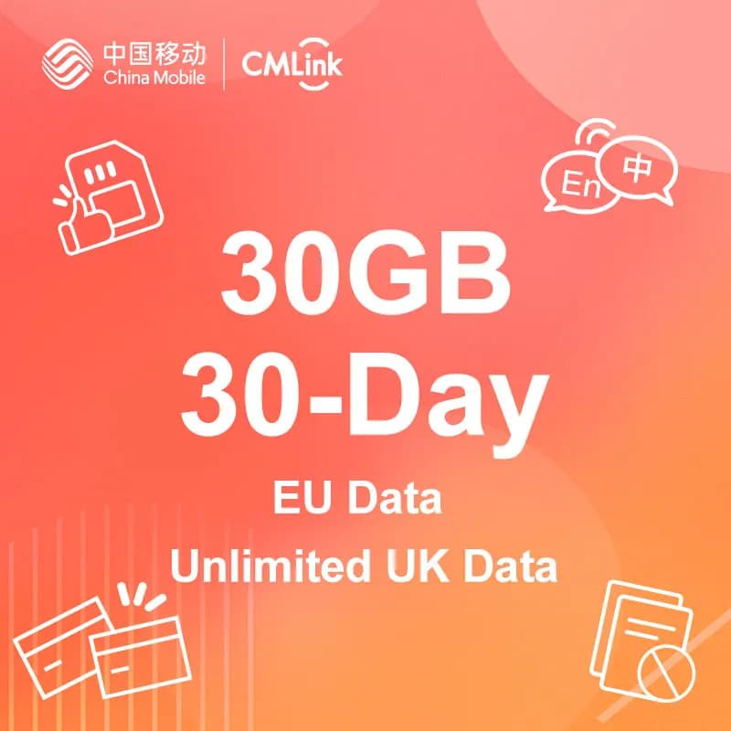 30-Day 30GB EU45 Data, Unlimited UK Data, 100 UK/EU mins, one-off package for £27