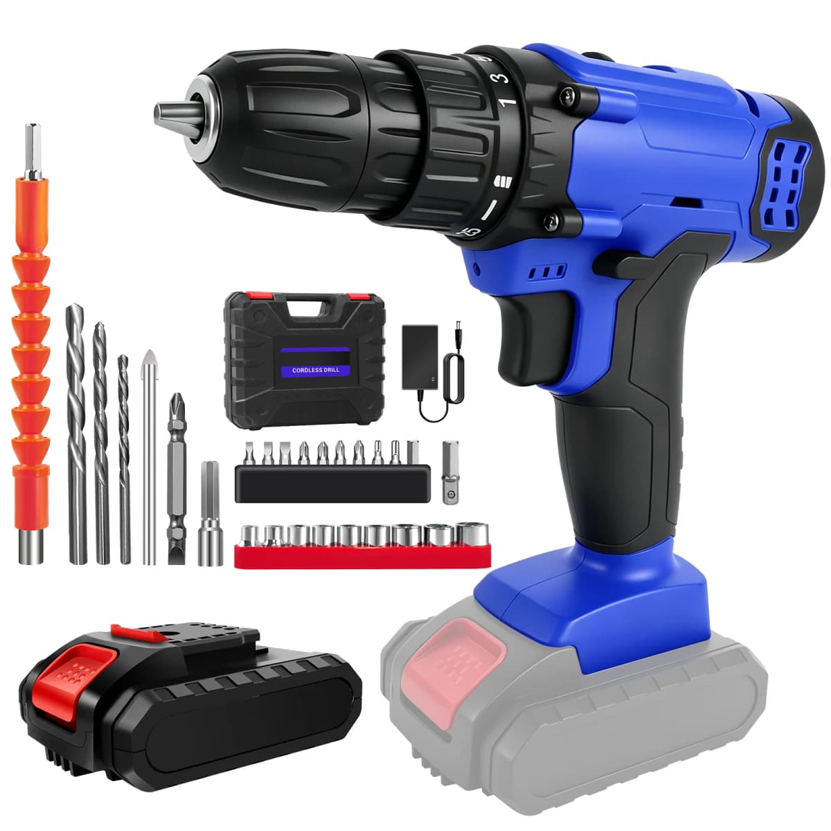 21V Cordless Drill,Electric Screwdriver Tools Kit with 25+1 Torque Setting,2 Variable Speed,29PCS Accessories,LED Work Light