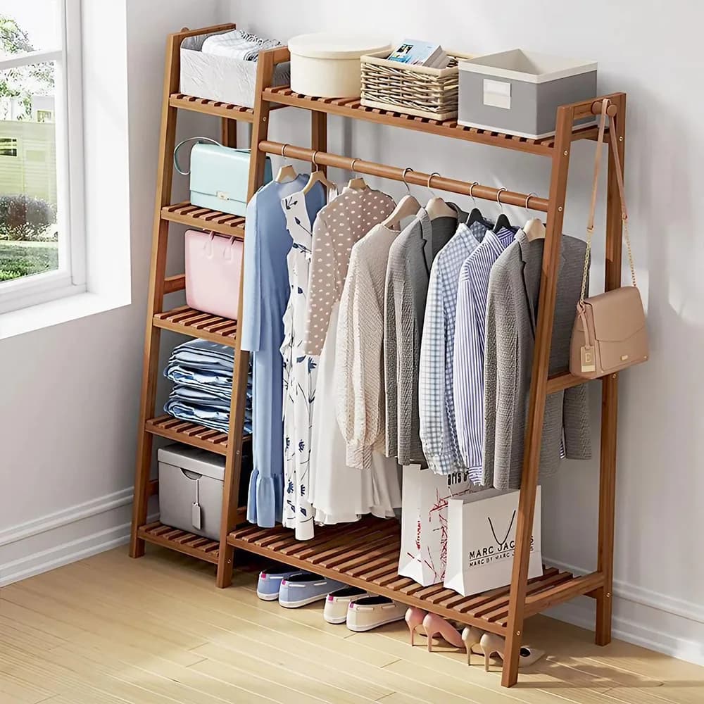 Voltsify Bamboo Bedroom Garment Clothes Rack Brown 110cm &130cm