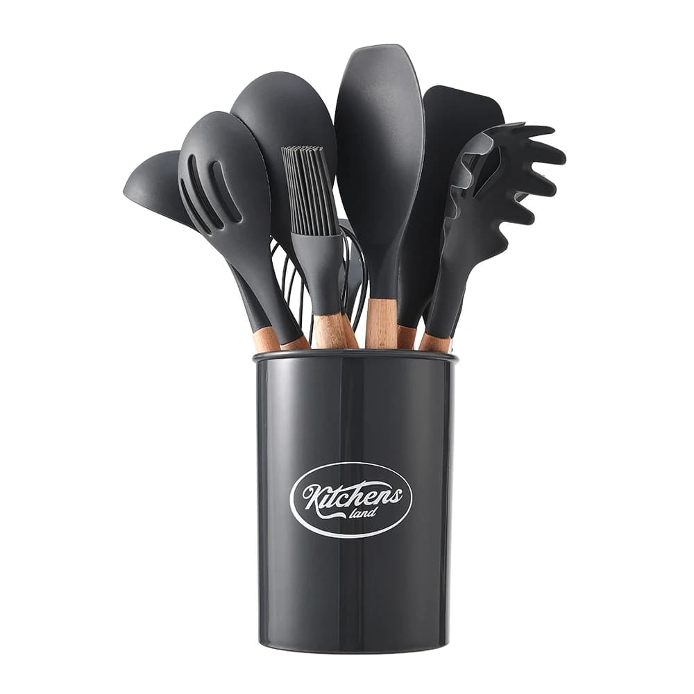 【Lifeideas】11Set of Wooden Handle Silicone Household Kitchen Tools Non-Stick Pan Cooking Spatula and Spoon Kitchenware Set