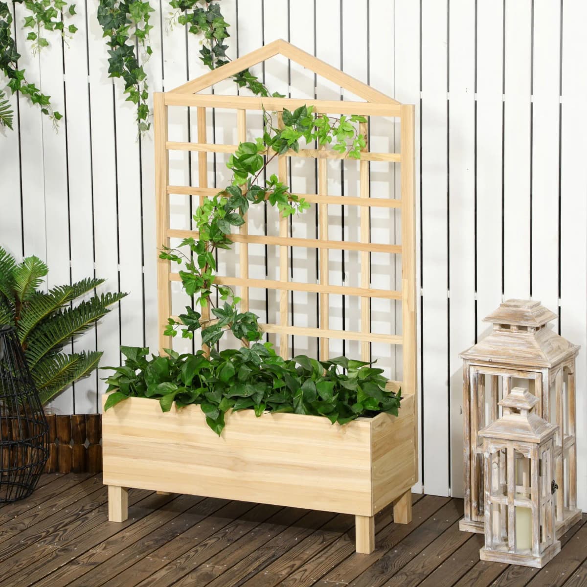 Wooden Planters with Trellis for Vine Climbing, Raised Beds for Garden, Natural