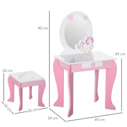 HOMCOM Unicorn-Designed Girls Dressing Table with Mirror for Toddles Girls Age 3-6 Years, Acrylic Mirror, Pink and White