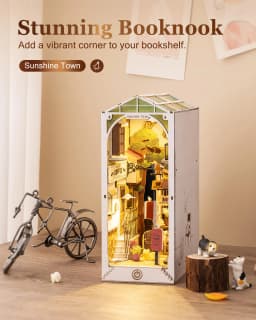 Rolife DIY 3D Wooden Book Nook Puzzle Kit with LED Bookend Diorama Miniature Bookshelf Set Ideal Gift for Adults And Teens