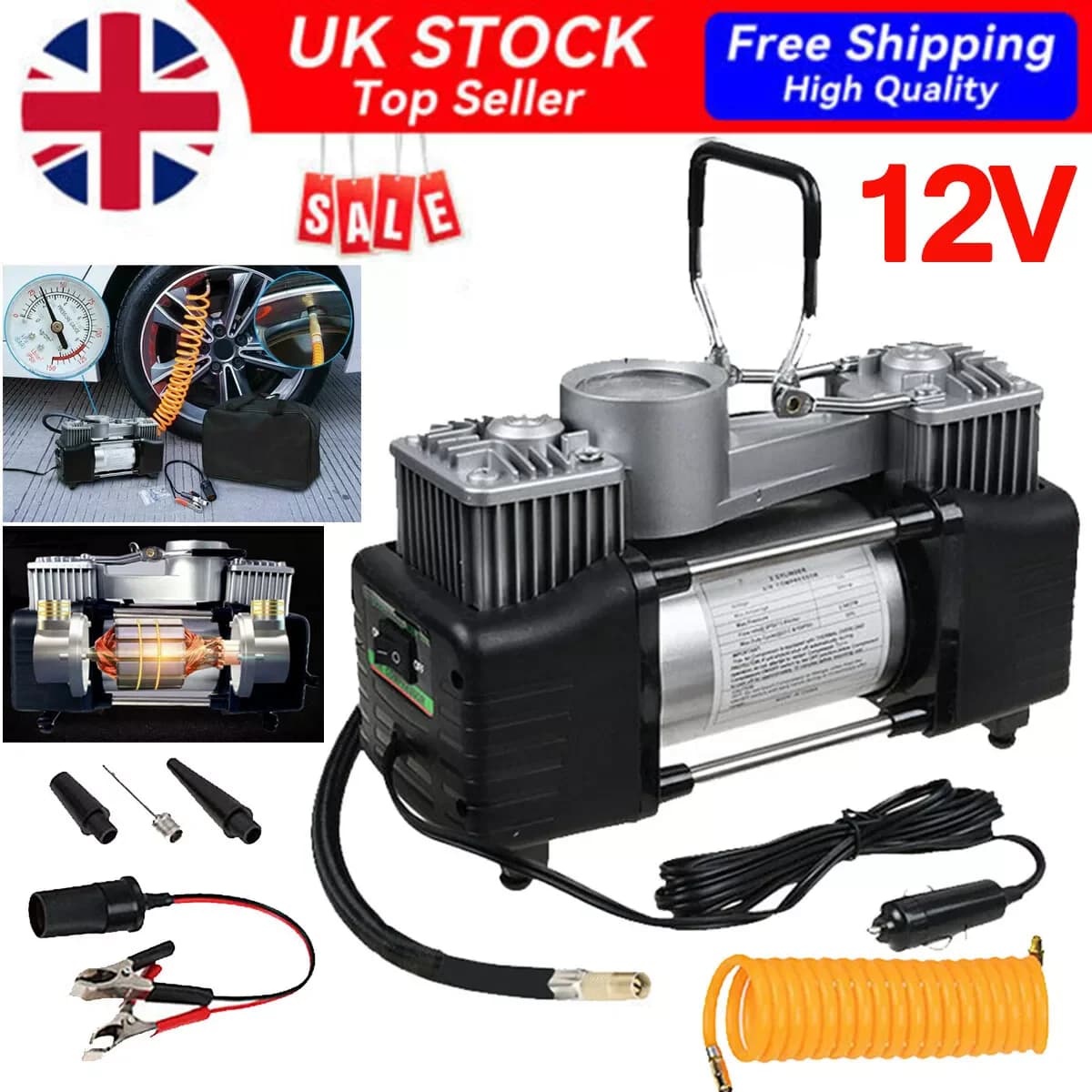 Heavy Duty Portable Electric Car Tyre Inflator 150PSI Air Compressor Pump 12V UK