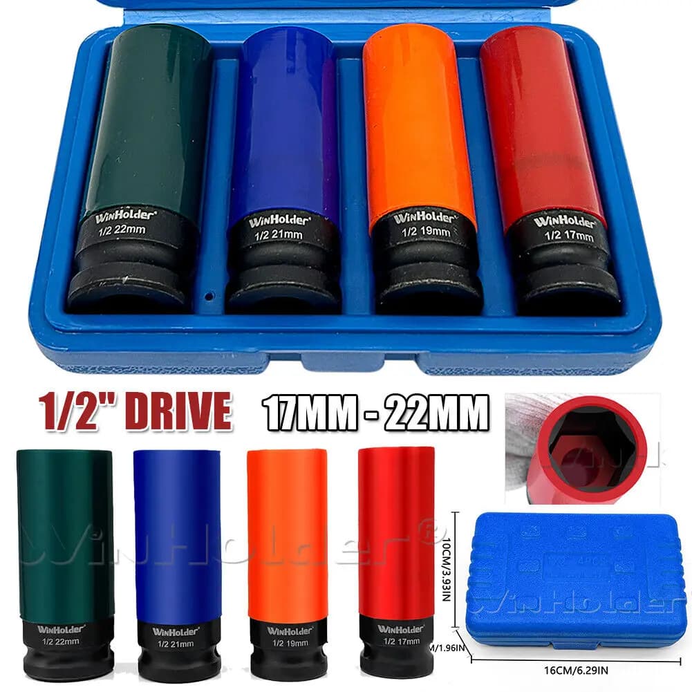 17mm 19mm 21mm 22mm Alloy Wheel Nut Thin Deep Impact Socket Tools Set 1/2" Drive 4Pcs Wheel Nut Thin Deep 6 Point Socket Kit