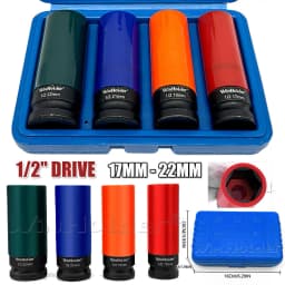 17mm 19mm 21mm 22mm Alloy Wheel Nut Thin Deep Impact Socket Tools Set 1/2" Drive 4Pcs Wheel Nut Thin Deep 6 Point Socket Kit