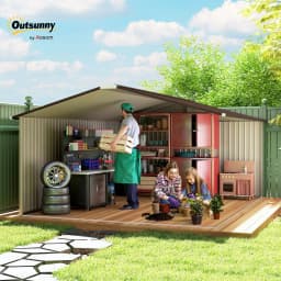 Outsunny 13 X 11ft Garden Shed Storage with Locking Door and Foundation Kit, Light Brown