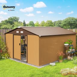 Outsunny 13 X 11ft Garden Shed Storage with Locking Door and Foundation Kit, Light Brown