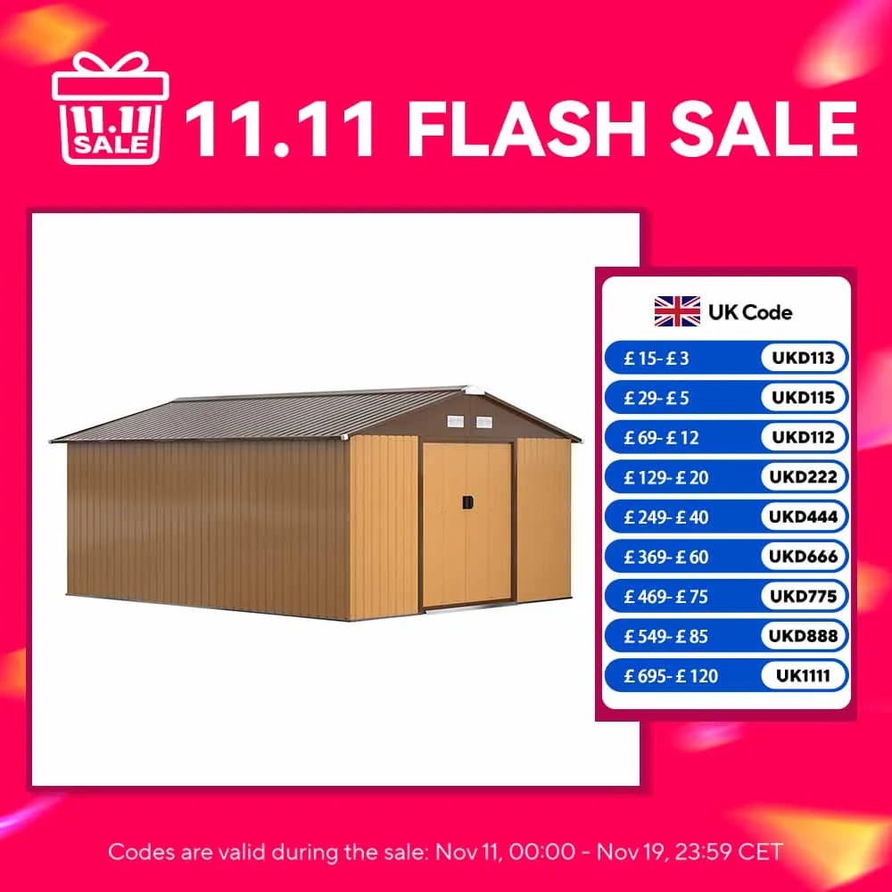 Outsunny 13 X 11ft Garden Shed Storage with Locking Door and Foundation Kit, Light Brown