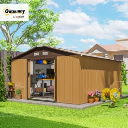 Outsunny 13 X 11ft Garden Shed Storage with Locking Door and Foundation Kit, Light Brown
