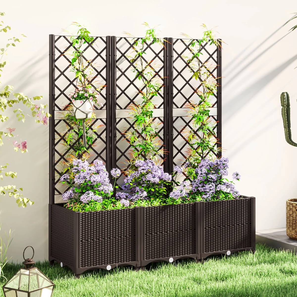 Plastic Raised Garden Planter with Trellis, Flower Bed with Drainage Holes