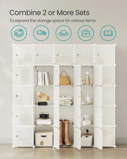 SONGMICS 16-Cube Storage Unit, Shoe Rack, Stackable Cubes, Plastic Closet Cabinet, Wardrobe, with Doors