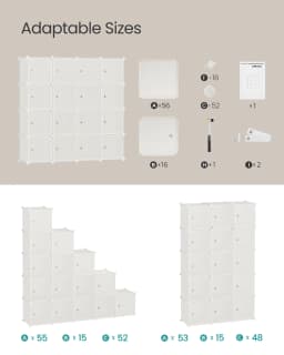 SONGMICS 16-Cube Storage Unit, Shoe Rack, Stackable Cubes, Plastic Closet Cabinet, Wardrobe, with Doors