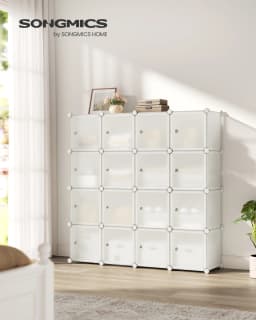 SONGMICS 16-Cube Storage Unit, Shoe Rack, Stackable Cubes, Plastic Closet Cabinet, Wardrobe, with Doors