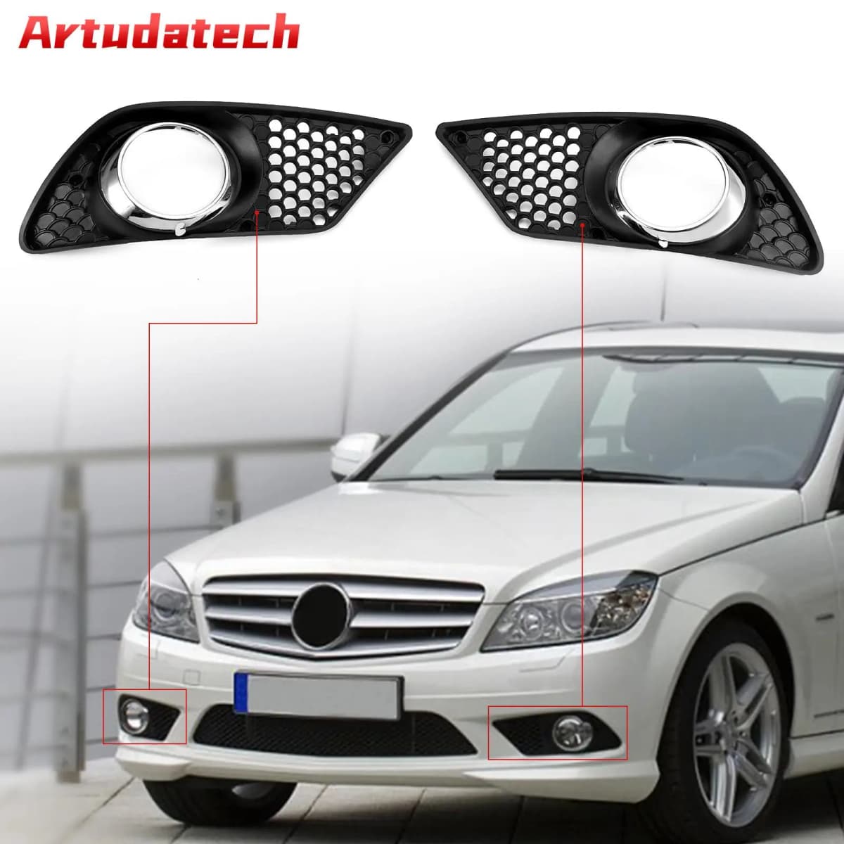 Artudatech Pair Front Bumper Fog Light Grill Set Fit for Mercedes Benz C-Class W204 2008-2010