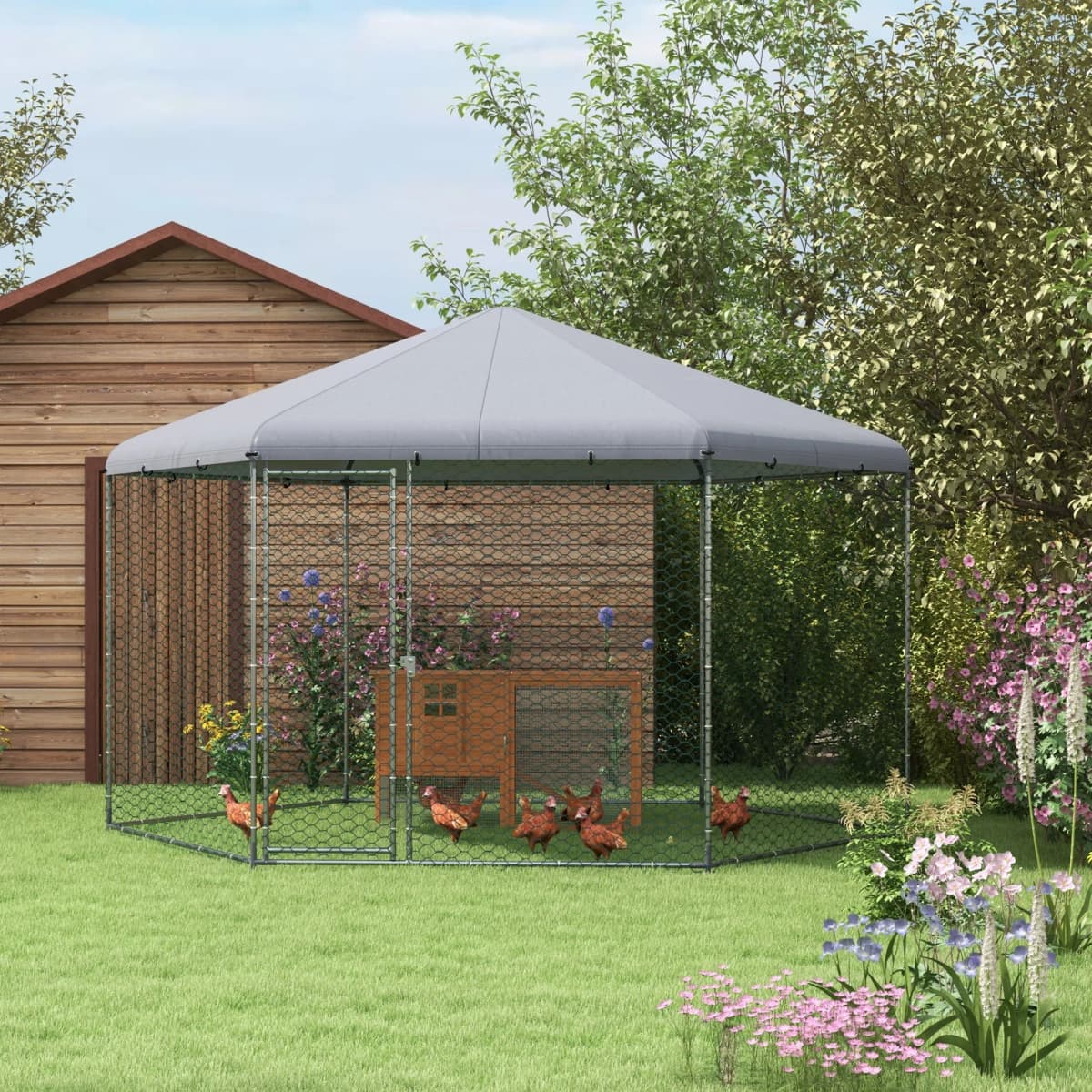PawHut Walk in Chicken Run Chicken Coop with Cover, for 10-15 Chickens, Hens, Rabbits, Ducks, 4 x 3.5 x 2.6m - Silver Tone