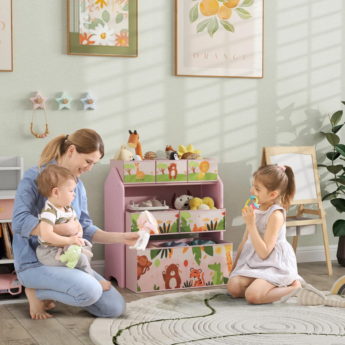 AIYAPLAY Kids Storage Unit, 3-Tier Toy Organiser Shelf with 6 Removable Storage Boxes, for Playroom, Bedroom Nursery, Pink