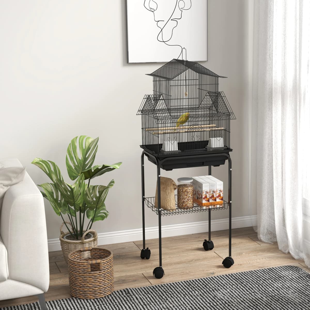 PawHut Metal Bird Cage w/ Perch, Food Container, Handle, for Finch, Canary