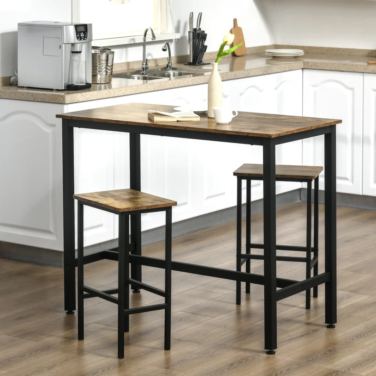HOMCOM 3-Piece Industrial Bar Table Set, Table and 2 Chairs Rustic Brown