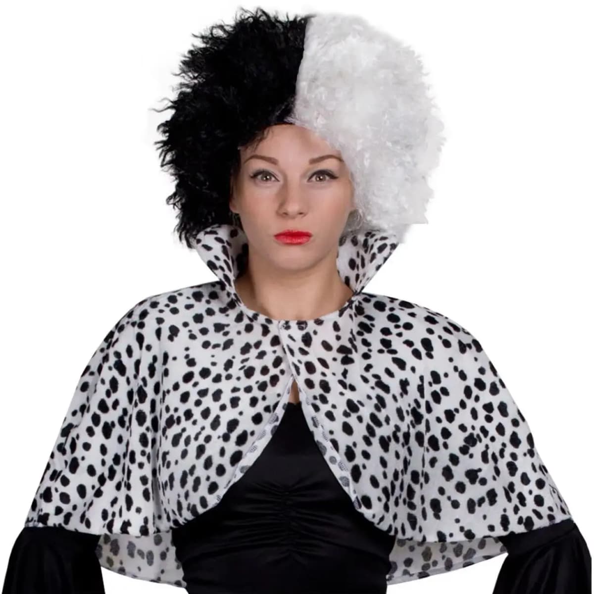 Ladies Dalmatian Print Collared Cape & Black/White Wig - Evil Dog Lady World Book Day & Book Week Fancy Dress Accessory