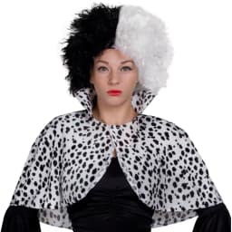 Ladies Dalmatian Print Collared Cape & Black/White Wig - Evil Dog Lady World Book Day & Book Week Fancy Dress Accessory