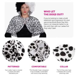 Ladies Dalmatian Print Collared Cape & Black/White Wig - Evil Dog Lady World Book Day & Book Week Fancy Dress Accessory