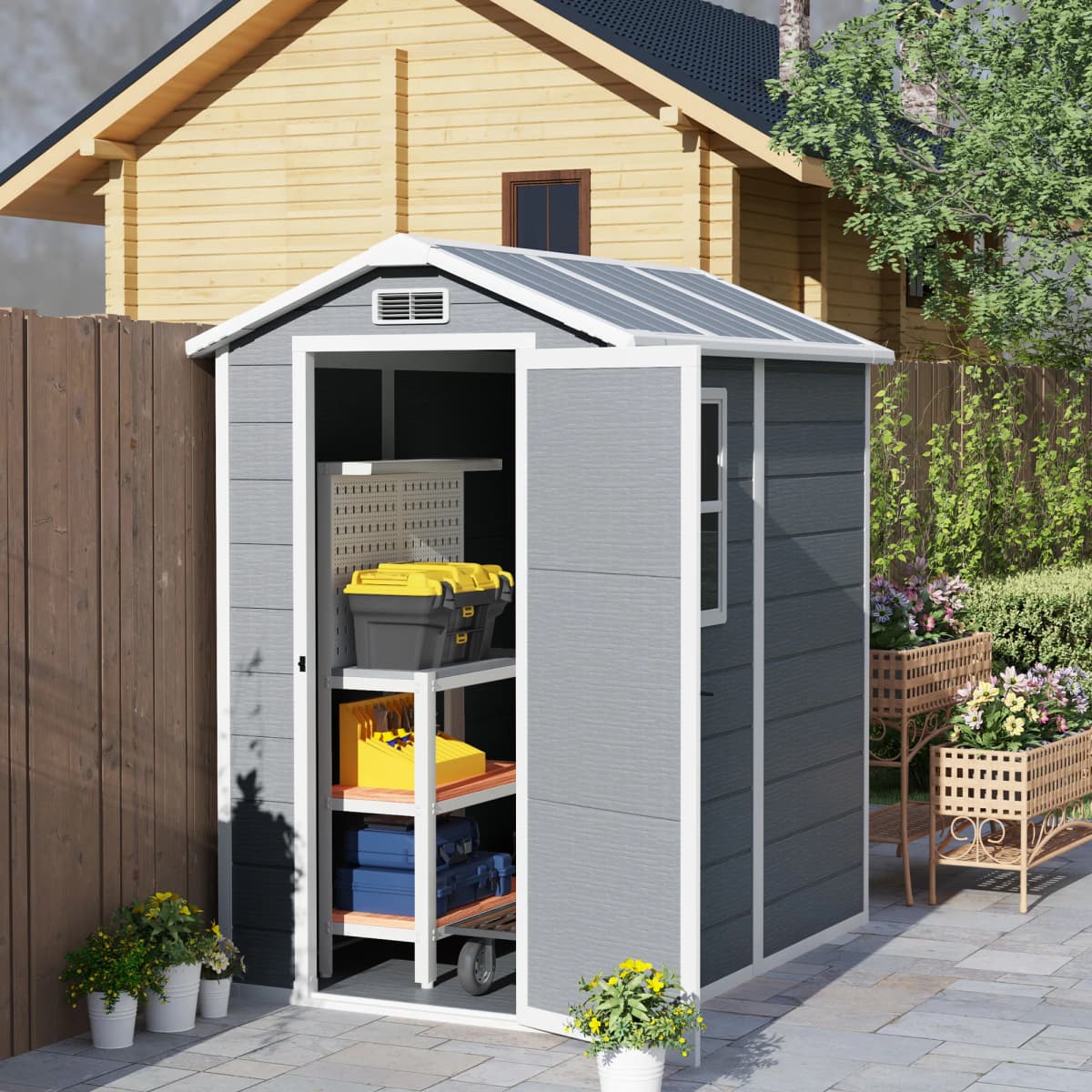 4 X 6ft Plastic Garden Shed with Floor, Window, and Lockable Door