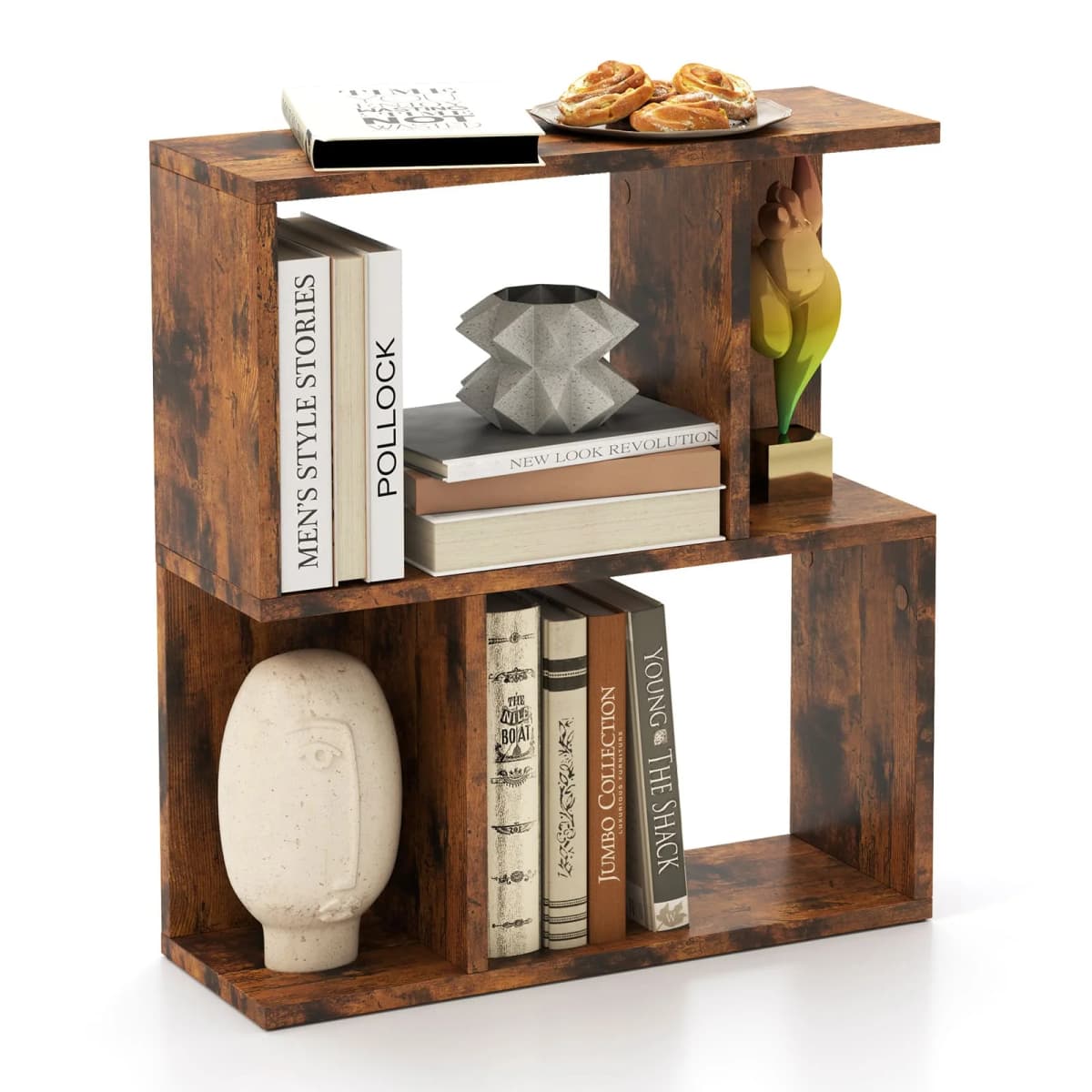 GOFLAME 3-Tier Bookshelf Display Shelf for Small Space Freestanding Side Table Rustic Brown