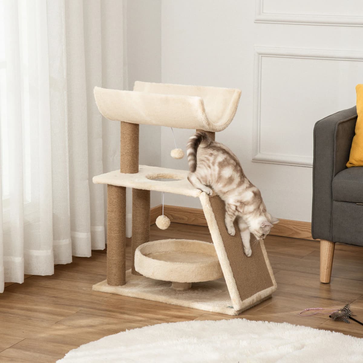 PawHut Cat Tree Kitten Tower w/ Scratching Post, Pad,Ball