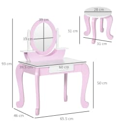ZONEKIZ Kids Dressing Table, Kids Vanity Set, Girl Makeup Desk w/ Mirror, Stool, Drawer, for Ages 3-6 Years - Pink