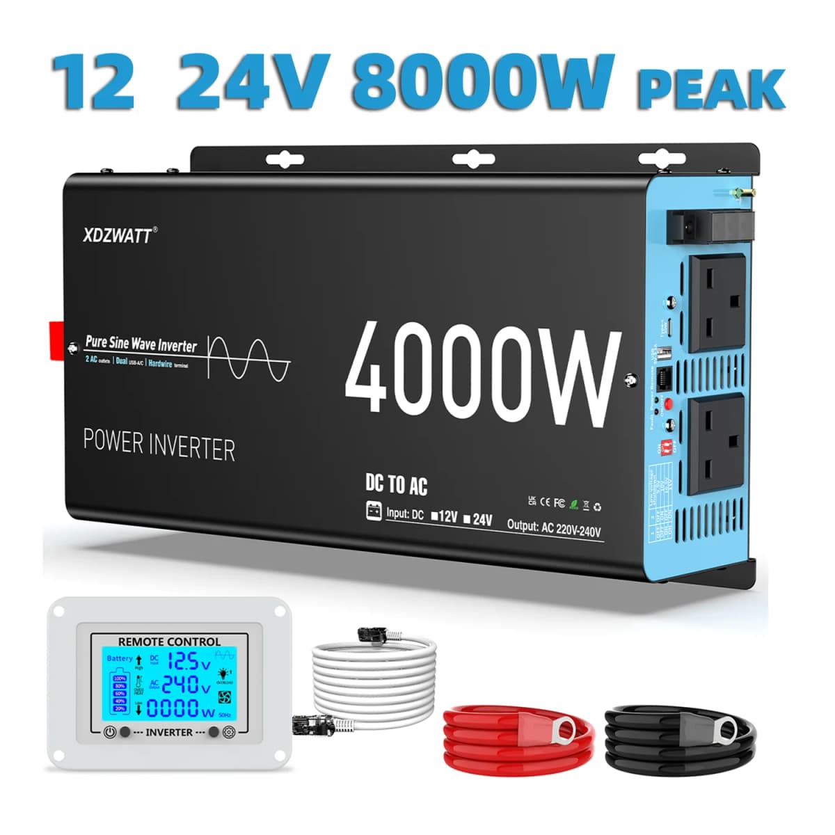 U.K Plug Pure Sine Wave Power Inverter 4000W 8000W(Peak) DC 12V To AC 240V LCD Display Remote Control Solar Car RV Boat Inverter