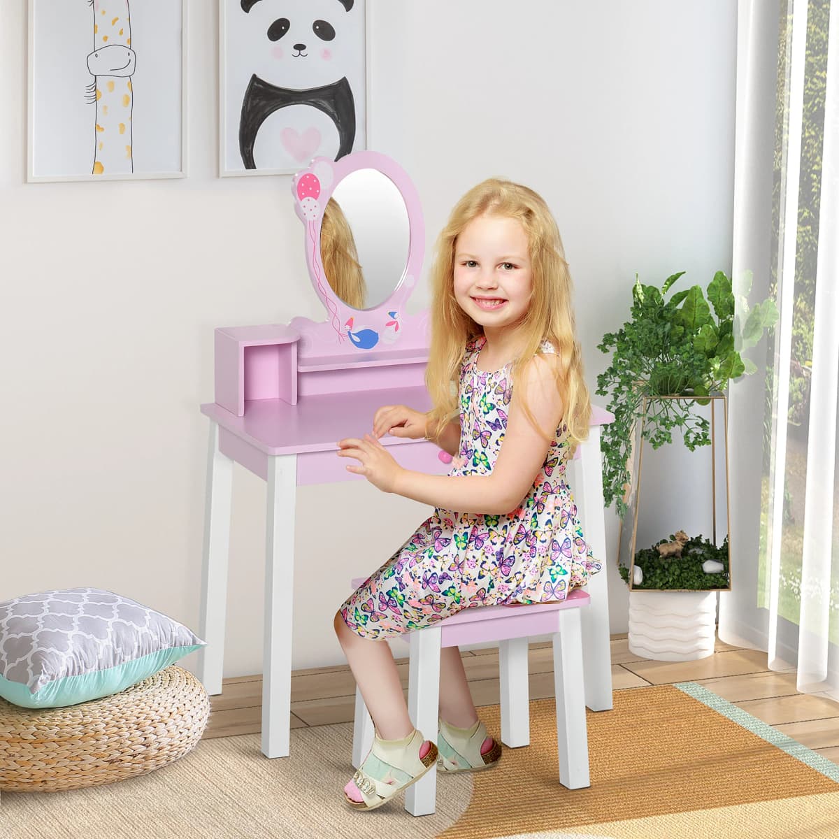 HOMCOM 2 PCS Kids Wooden Dressing Table and Stool Girls Vanity Table with Mirror for Toddlers Age 3 Years +, Pink and White