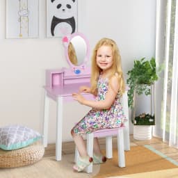 HOMCOM 2 PCS Kids Wooden Dressing Table and Stool Girls Vanity Table with Mirror for Toddlers Age 3 Years +, Pink and White
